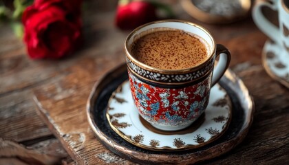 a cup of traditional turkish coffee on a decorated table