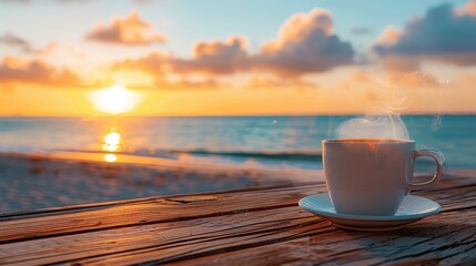 A steaming cup of coffee sits on a wooden table, overlooking a tranquil beach at sunset with vibrant orange and blue hues in the sky.