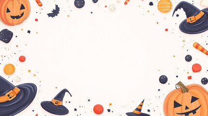 Playful Halloween wallpaper pastel cream background with pumpkins witches hats and candy scattered around large blank space for text vibrant and colorful cartoon illustration.