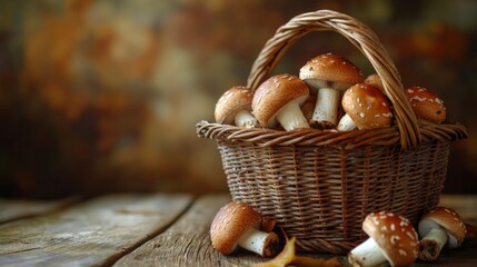 a brown wooden wicker basket on a table filled with mushrooms