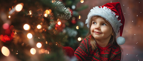 Wall Mural - portrait of a cute little girl, sitting beside a decorated christmas tree, blurred lights, ample space for text, Christmas