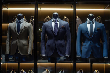 Wall Mural - Three suits are on display in a store, with one of them being a gray suit. The suits are neatly hung on racks, and the blue tie on the gray suit is visible. Scene is professional and polished