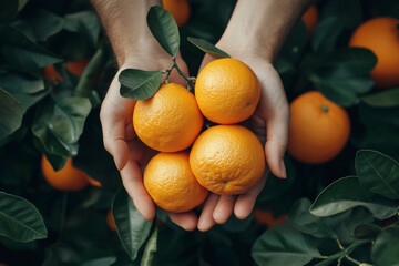 person is holding four oranges in their hand. The oranges are ripe and ready to be eaten