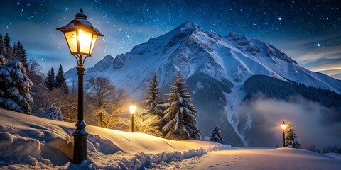 Poster - Winter night scene with a street lamp illuminating a snowy mountain , Winter, night, street lamp, snowy, mountain, cold, dark