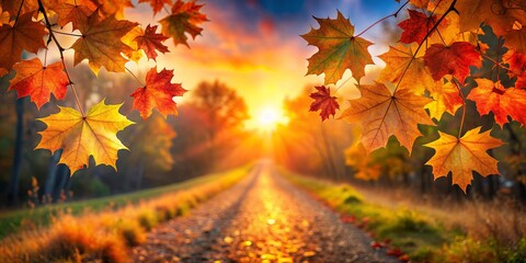 Wall Mural - Maple leaves on a trail with a vibrant sunset background, realistic, warm colors, serene , Maple, leaves, trail, sunset