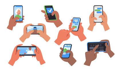 Set of hands holding phone. People using smartphones, watching videos, playing mobile games, chatting and more. Vector illustration