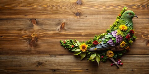 Wall Mural - Pigeon made of flowers and leaves on wooden table background , pigeon, flowers, roses, leaves, wooden table, background