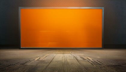 Wall Mural - billboard on wall, empty room with lcd tv, Perspective view of blank orange digital screen wall and concrete floor background. 3D Rendering, empty room with a frame