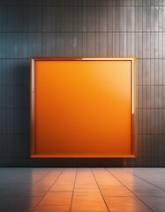 Wall Mural - billboard on wall, empty room with lcd tv, Perspective view of blank orange digital screen wall and concrete floor background. 3D Rendering, empty room with a frame