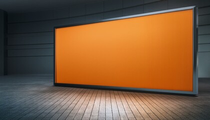 Wall Mural - billboard on wall, empty room with lcd tv, Perspective view of blank orange digital screen wall and concrete floor background. 3D Rendering, empty room with a frame