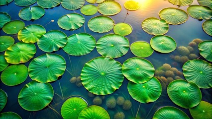 Poster - Top view of green lotus leaves floating on the surface of a peaceful pond, lotus, leaves, green, top view, water, pond