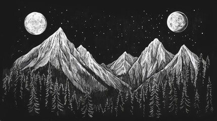 Wall Mural - a captivating drawing featuring a serene nighttime landscape, set against a deep black background. i