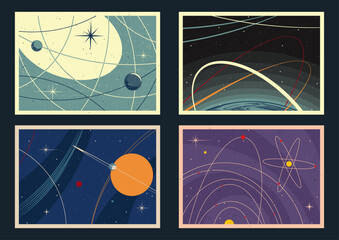 Wall Mural - space posters vector template. mid century modern space age posters style background, 1950s - 1960s 