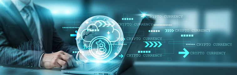 Hand holding a laptop with a global network connection, showcasing technology, futuristic themes, and innovative solutions, all intertwined with the dynamic world of cryptocurrency, blockchain.