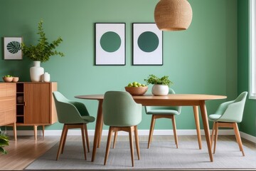 Mint color chairs at round wooden dining table in room with sofa and cabinet near green wall. Scandinavian, mid-century home interior design of modern living room