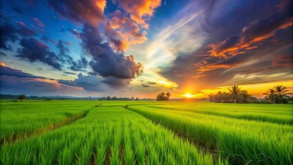 Canvas Print - Green rice field with vibrant sunset sky in the background, rice field, green, sunset, sky, countryside, landscape, nature