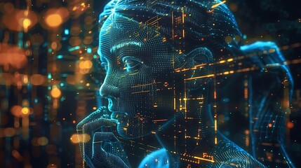 Wall Mural - digital of a woman, constructed from glowing lines and dots, representing the integration of technol