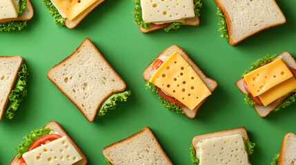 different cheese sandwiches on a green table, seamless pattern