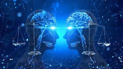 Wall Mural - digital human heads with glowing brains, face each other with scales of justice on both sides, symbo
