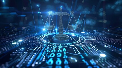 Wall Mural - digital rendering of the scales of justice on a circuit board, representing the intersection of law 