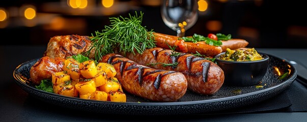 Wall Mural - A 3D German sausage platter with soft lighting on the right, symbolizing the culinary diversity of Germany.