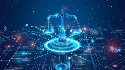Wall Mural - digital representation of the scales of justice against a futuristic, technology-driven backdrop sig