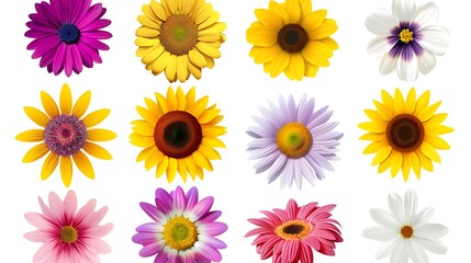 Spring flowers colorful vector set isolated on white background, collection of daisies and sunflowers in various colors