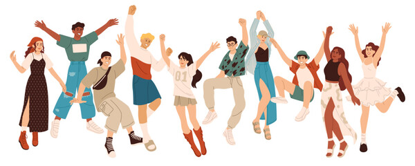 Happy character group. Active, positive person jumping. Women and men in modern contemporary clothes celebrate. Energy excited crowd, winner boy and girl cartoon flat team vector isolated illustration