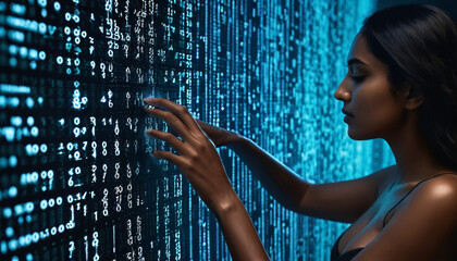 Beautiful Indian girl getting dissolved into digital world