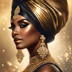 marvel at the exquisite style of a woman in a gold turban and sequined dress, her face glowing with 