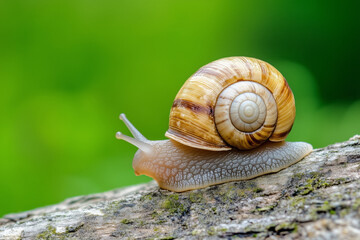 Close-up of a snail with a striped shell crawling on tree bark