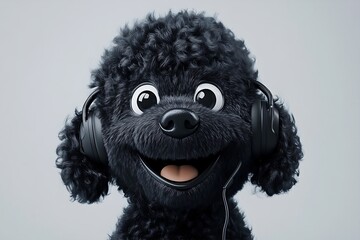 Wall Mural - Cute black poodle wearing headphones and smiling.