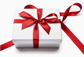 Wall Mural - Gift box tied with red ribbon isolated on white background. image seen in the center and top