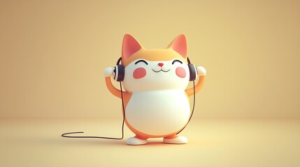 Wall Mural - A cute cartoon cat in headphones listening to music with a happy expression.