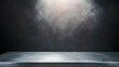 © zhou yan - Dark grey background featuring an empty table illuminated by a spotlight, creating a blank steel texture surface ideal for product display in e-commerce or advertising concepts. This minimalistic setu