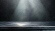 © zhou yan - Dark grey background featuring an empty table illuminated by a spotlight, creating a blank steel texture surface ideal for product display in e-commerce or advertising concepts. This minimalistic setu