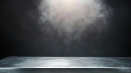 dark grey background featuring an empty table illuminated by a spotlight, creating a blank steel tex