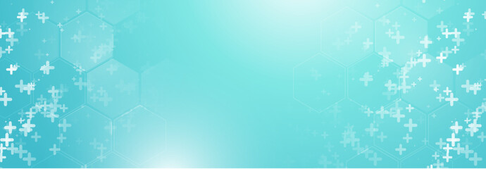 Aufkleber - Abstract clean white and blue hexagon shapes with cross sign pattern background. Futuristic healthcare technology concept. Vector illustration