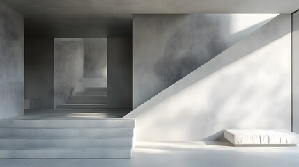 Wall Mural - a minimalist interior space featuring textured gray walls, soft natural lighting, and simple geometr