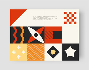 Neo geo poster. Abstract color card. Minimal figures collage. Bright squares. Flat stars and circles. Bauhaus block shapes. Modern geometric composition. Triangle forms. Vector brutalist banner design