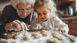 © Athena - A grandmother and her young granddaughter enjoy baking together, covered in flour, as they decorate cookies in a warm, cozy kitchen.