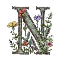 Poster - Floral Letter N with Vintage Aesthetic.