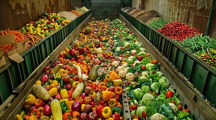 Rotting vegetables and fruits in garbage piles, food loss at every stage of the supply chain, from production to consumption