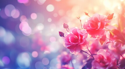 Poster - A beautiful close-up of pink roses illuminated by soft sunlight, symbolizing love, beauty, and serenity in a dreamy bokeh background.