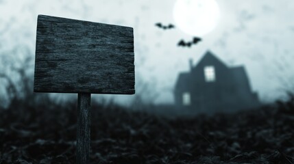 A spooky wooden sign standing on the ground partially covered in cobwebs The sign is blank set in front of a haunted house with glowing windows and bats flying around The ground is littered with dried