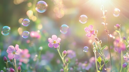 Sticker - A breathtaking summer meadow filled with delicate pink wildflowers, bathed in warm sunlight.  Shimmering bubbles dance playfully in the air, adding a touch of magic to the scene.  The image evokes fee