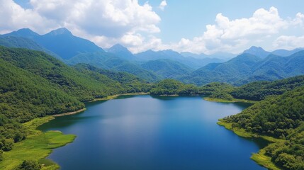 Wall Mural - A breathtaking aerial view of a tranquil lake nestled amidst lush green mountains in Shennongjia National Wetland Park, China. The serene water reflects the vibrant sky and clouds, creating a sense of