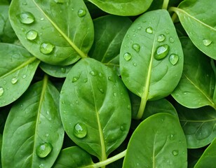 Background from fresh green spinach leaves with water drops. Texture of raw organic baby spinach close up. Food background. Ai generated image