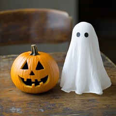 Wall Mural - A carved jack-o-lantern with a friendly smile sits next to a ghostly figure, symbolizing the fun and spooky aspects of Halloween. The wooden table adds a touch of rustic charm, creating a cozy and fes