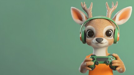 Wall Mural - Cute deer character in headphones playing video games.